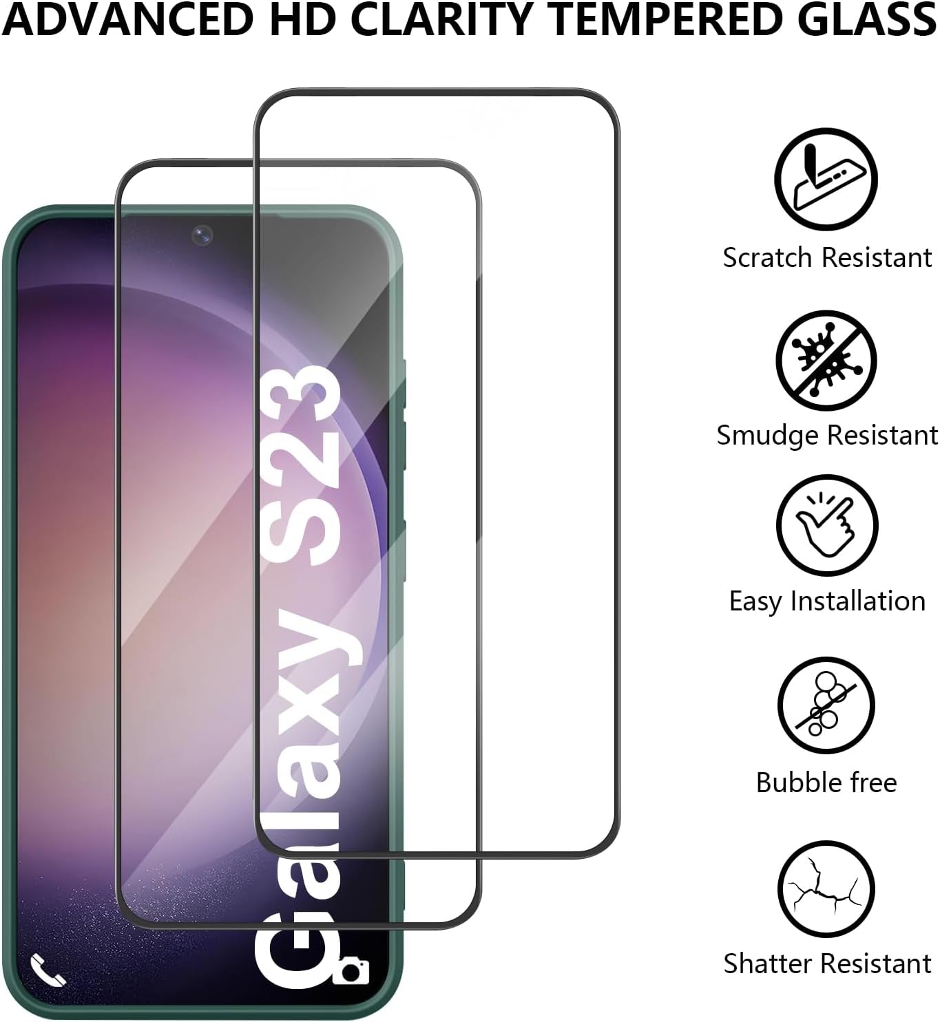 Case for Samsung Galaxy S23 Phone Case, with 2 HD Screen Protectors, Shockproof Bumper Liquid Silicone Case with Microfiber Lining (Dark Green)