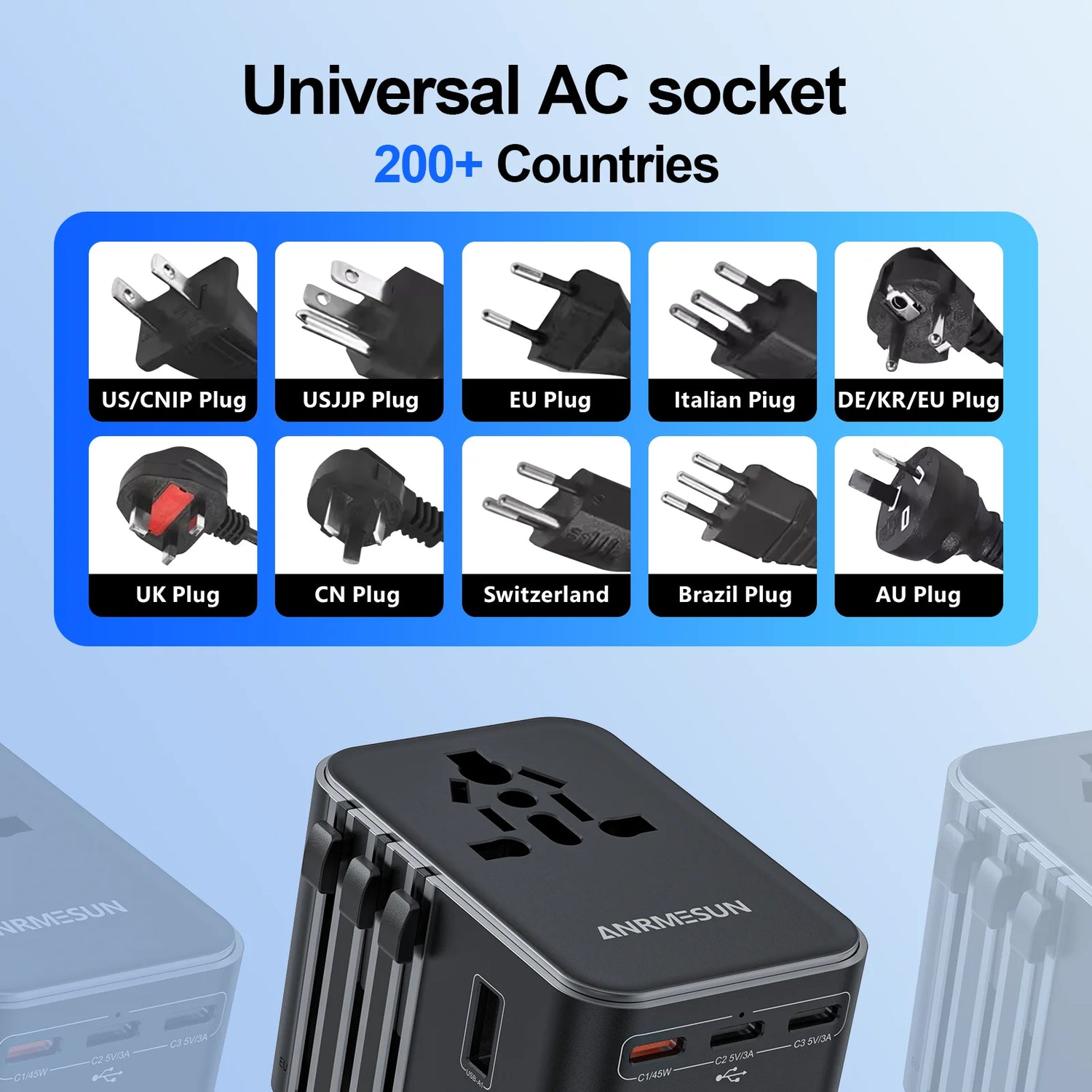 Universal Travel Adapter with 4 AC Outlets 2 USB Port 3 Type-C PD 45W All-In-One Fast Power Charge on EU US AUS Plug Internation
