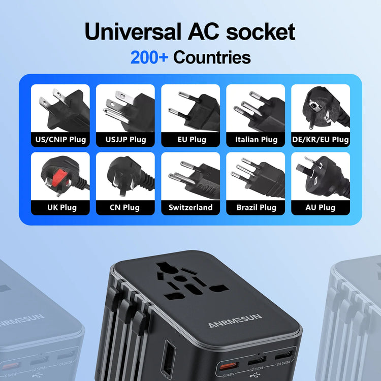 Universal Travel Adapter with 4 AC Outlets 2 USB Port 3 Type-C PD 45W All-In-One Fast Power Charge on EU US AUS Plug Internation