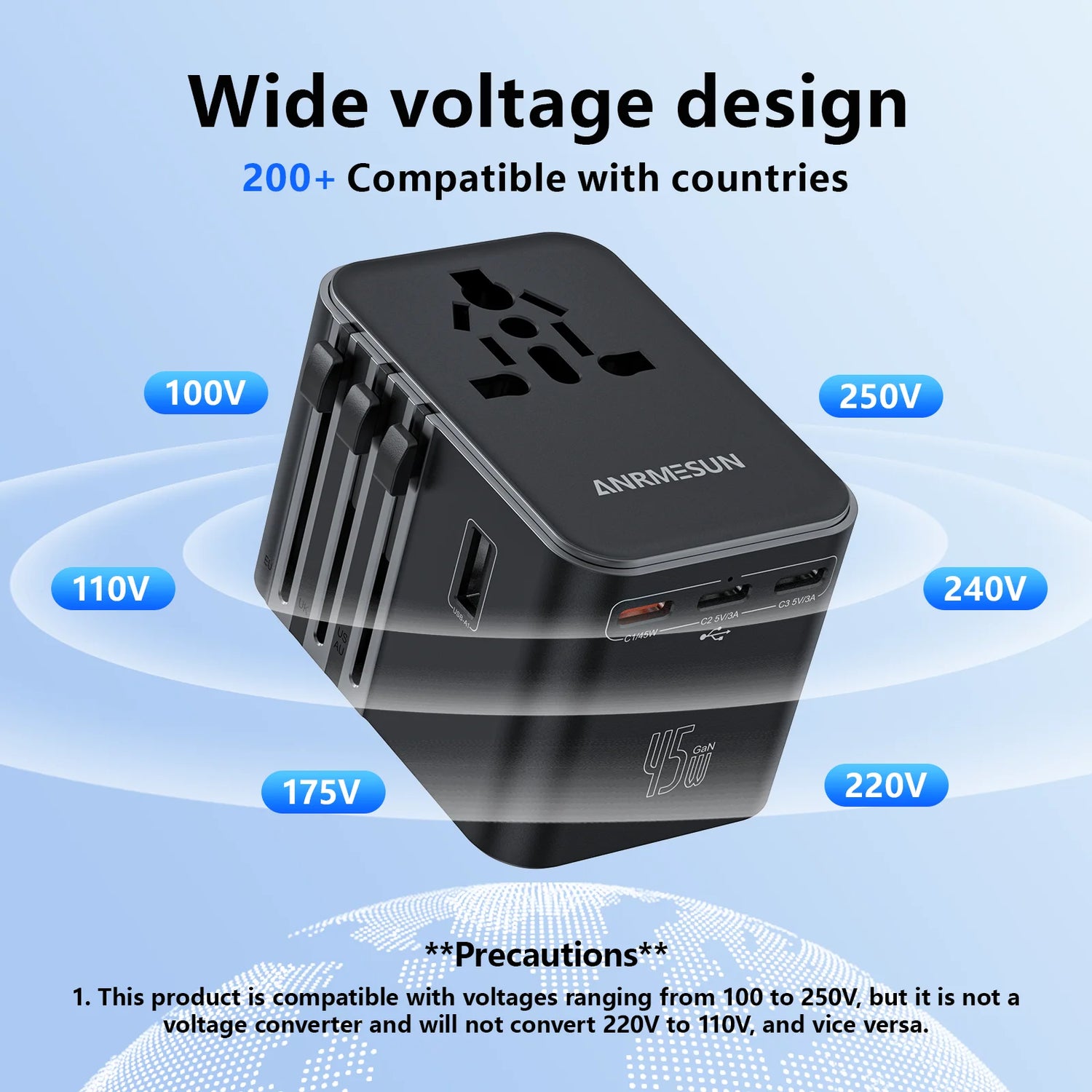 Universal Travel Adapter with 4 AC Outlets 2 USB Port 3 Type-C PD 45W All-In-One Fast Power Charge on EU US AUS Plug Internation