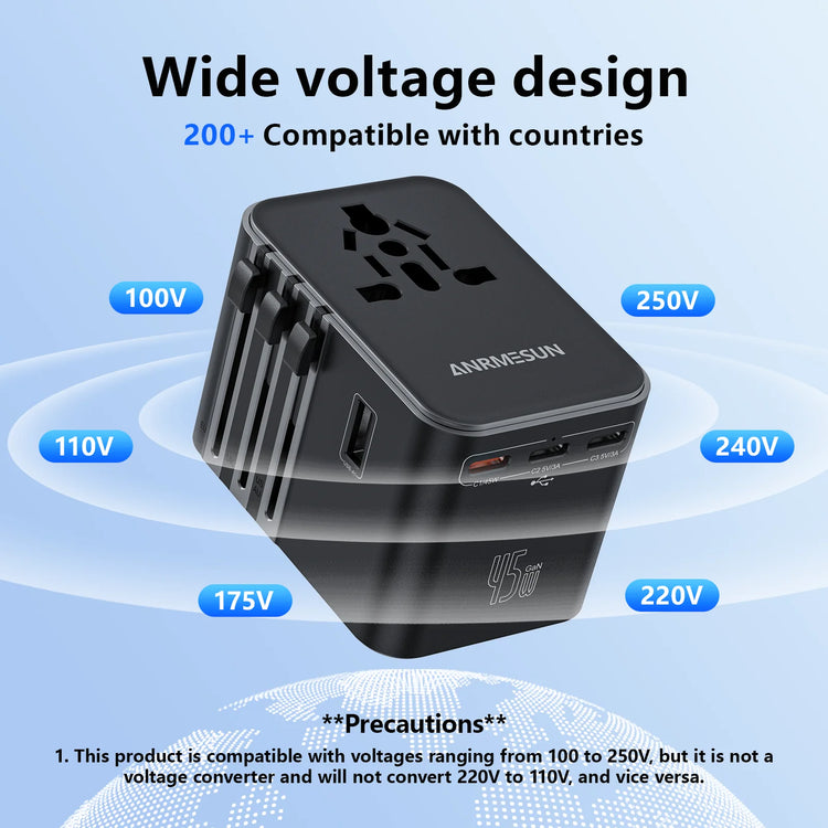 Universal Travel Adapter with 4 AC Outlets 2 USB Port 3 Type-C PD 45W All-In-One Fast Power Charge on EU US AUS Plug Internation