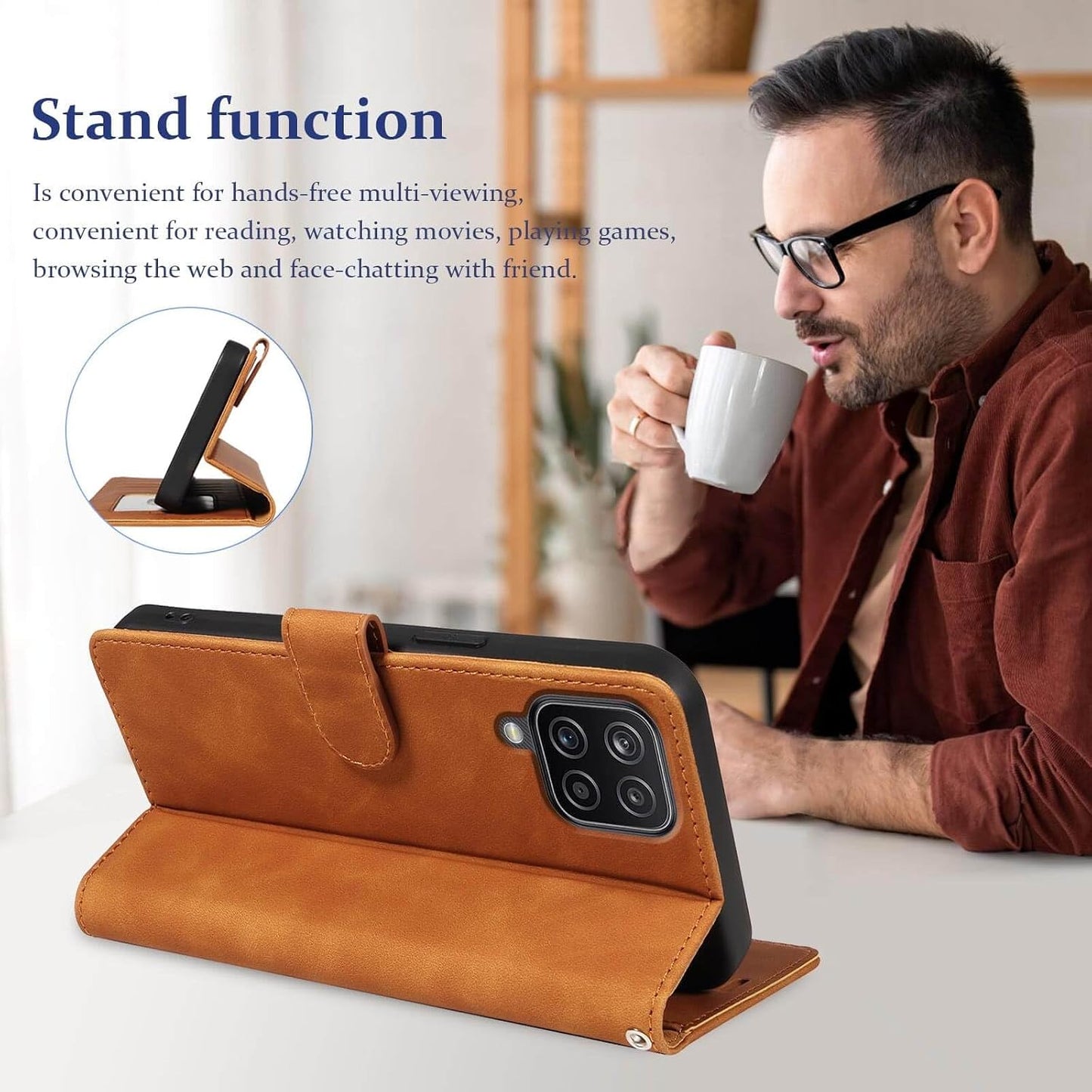 For Samsung A12 Phone Case Wallet Cover, [RFID Blocking 4 Card Slots] [Wrist Strap] [Kickstand] Magnetic Shockproof Protective Leather Flip Cases for Samsung Galaxy A12 (Brown)
