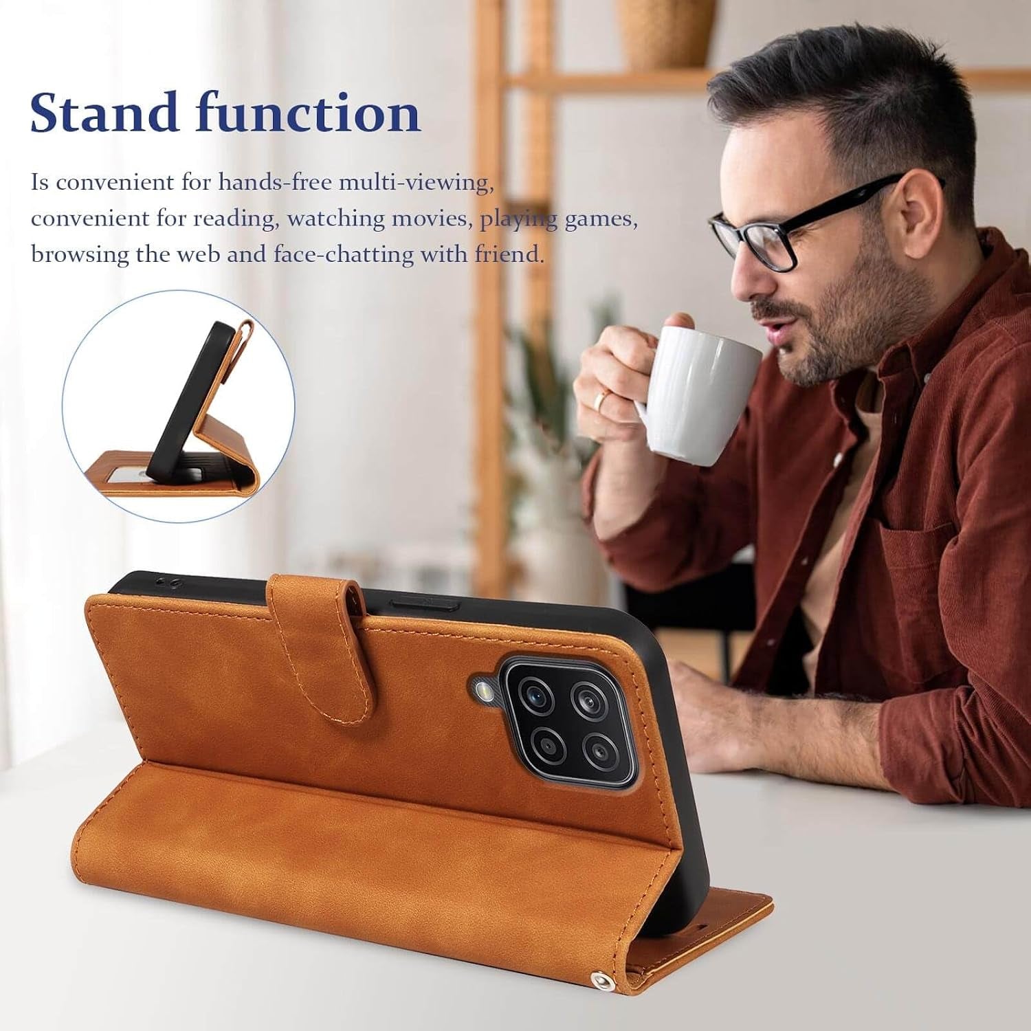 For Samsung A12 Phone Case Wallet Cover, [RFID Blocking 4 Card Slots] [Wrist Strap] [Kickstand] Magnetic Shockproof Protective Leather Flip Cases for Samsung Galaxy A12 (Brown)