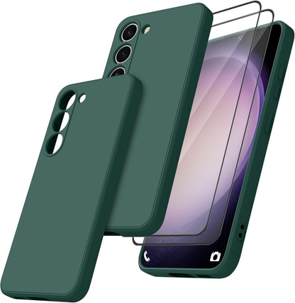 Case for Samsung Galaxy S23 Phone Case, with 2 HD Screen Protectors, Shockproof Bumper Liquid Silicone Case with Microfiber Lining (Dark Green)