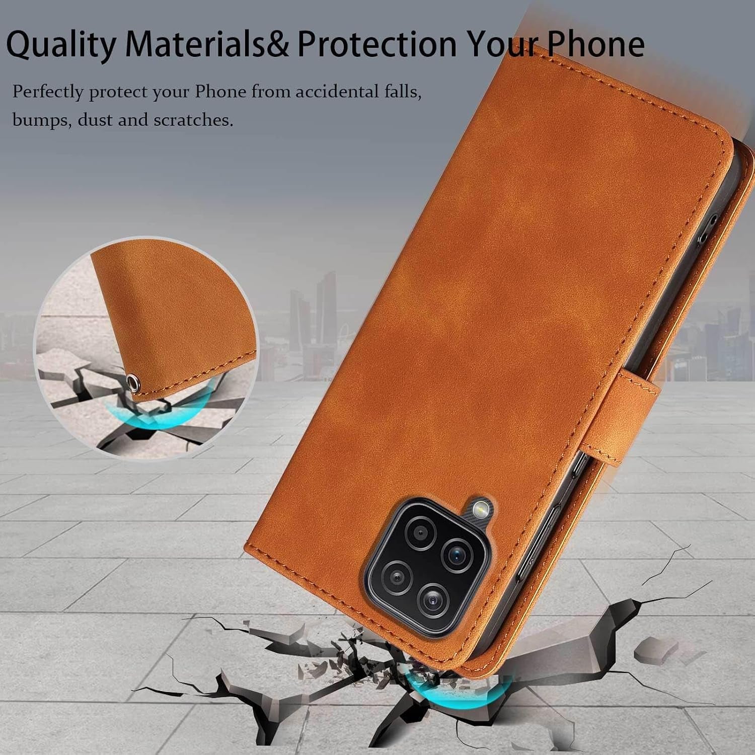 For Samsung A12 Phone Case Wallet Cover, [RFID Blocking 4 Card Slots] [Wrist Strap] [Kickstand] Magnetic Shockproof Protective Leather Flip Cases for Samsung Galaxy A12 (Brown)