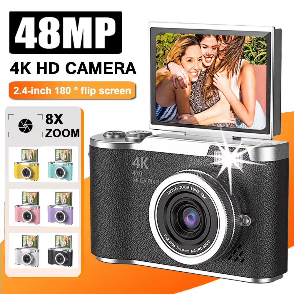 4K Compact Digital Camera – 48MP Student Vlog Camera with 180° Flip Screen