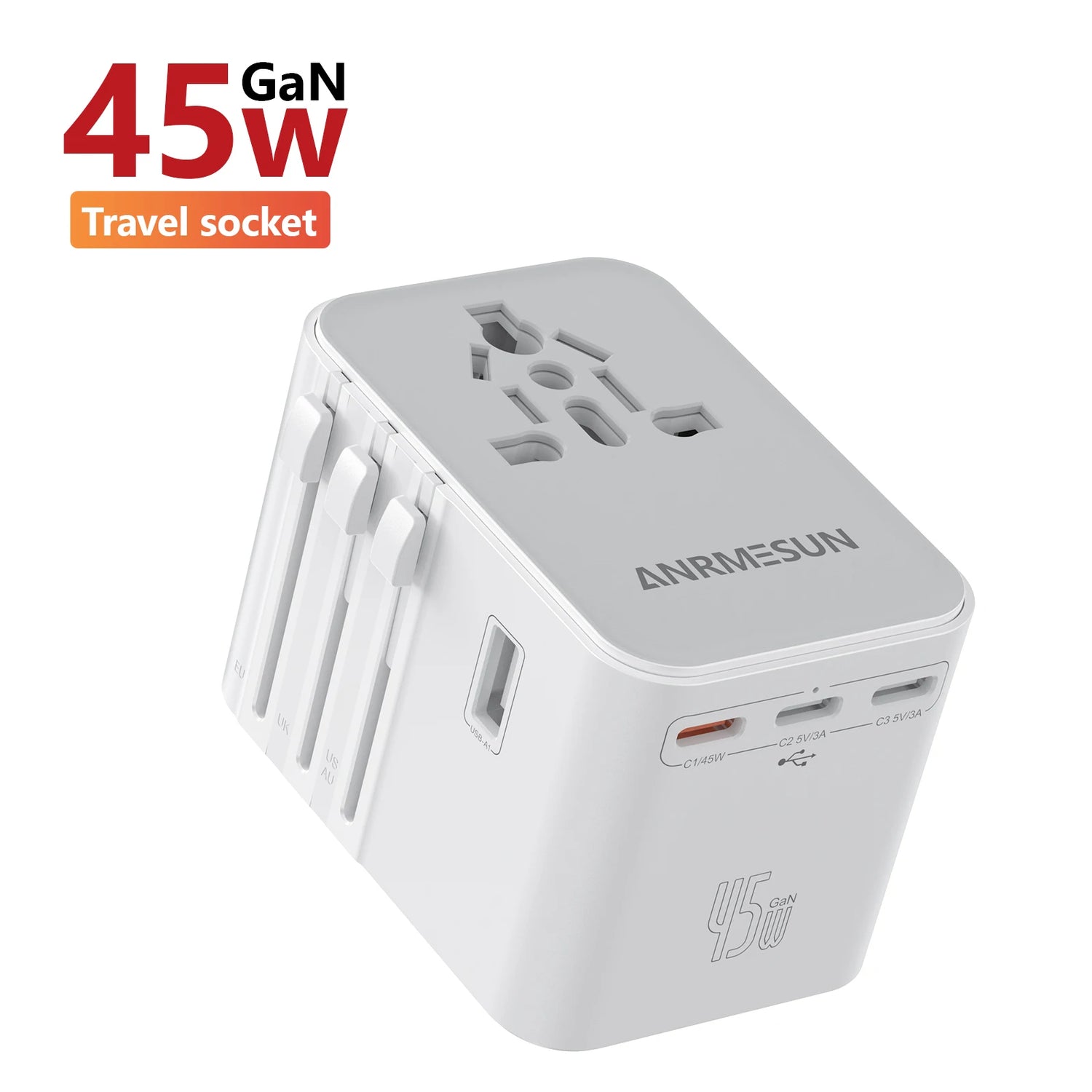 Universal Travel Adapter with 4 AC Outlets 2 USB Port 3 Type-C PD 45W All-In-One Fast Power Charge on EU US AUS Plug Internation