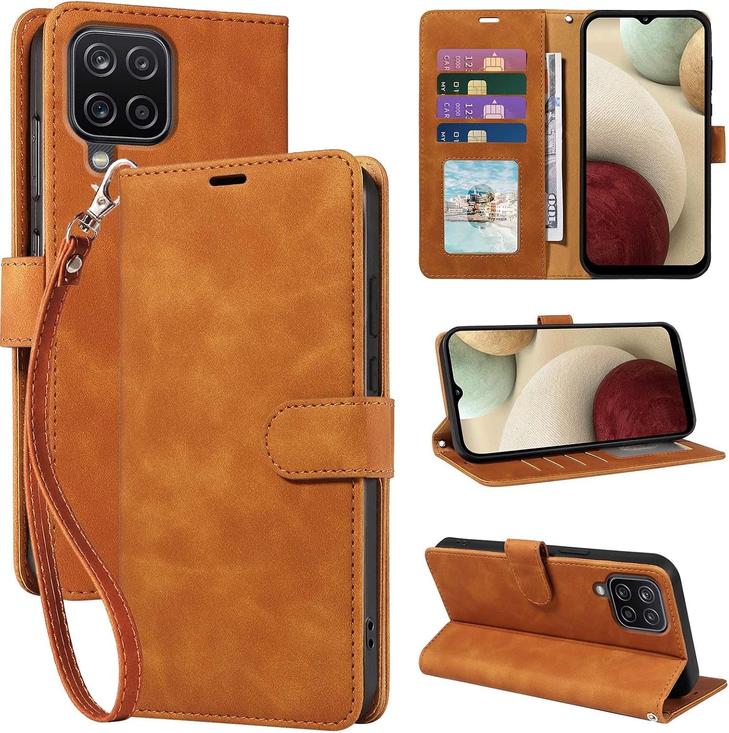 For Samsung A12 Phone Case Wallet Cover, [RFID Blocking 4 Card Slots] [Wrist Strap] [Kickstand] Magnetic Shockproof Protective Leather Flip Cases for Samsung Galaxy A12 (Brown)