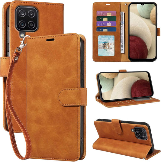 For Samsung A12 Phone Case Wallet Cover, [RFID Blocking 4 Card Slots] [Wrist Strap] [Kickstand] Magnetic Shockproof Protective Leather Flip Cases for Samsung Galaxy A12 (Brown)