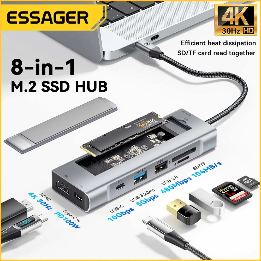 Essager 8-in-1 USB-C Hub with SSD Enclosure – Type-C Docking Station