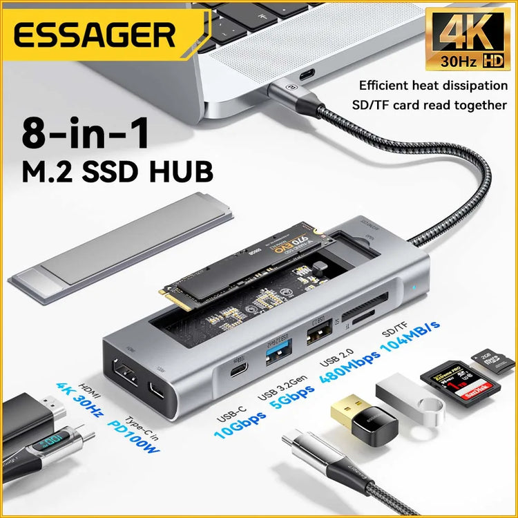 Essager 8-in-1 USB-C Hub with SSD Enclosure – Type-C Docking Station