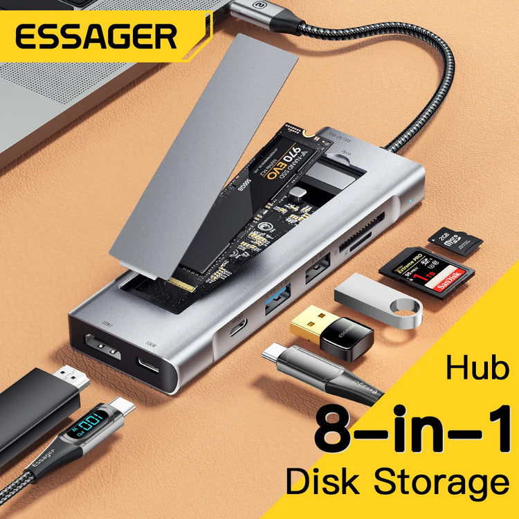Essager 8-in-1 USB-C Hub with SSD Enclosure – Type-C Docking Station