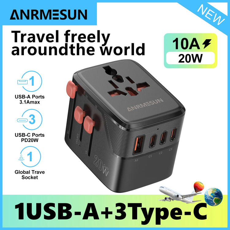 Universal Travel Adapter with 4 AC Outlets 2 USB Port 3 Type-C PD 45W All-In-One Fast Power Charge on EU US AUS Plug Internation