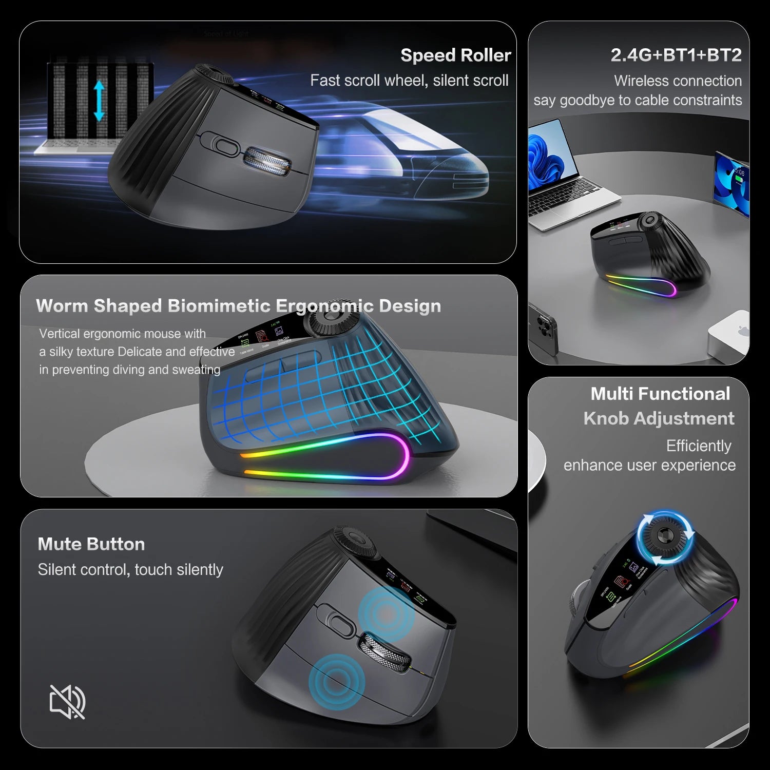Ergonomic Vertical Mouse - RGB Wireless & Speed Roller
