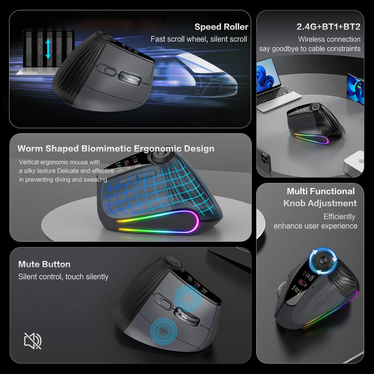 Ergonomic Vertical Mouse - RGB Wireless & Speed Roller