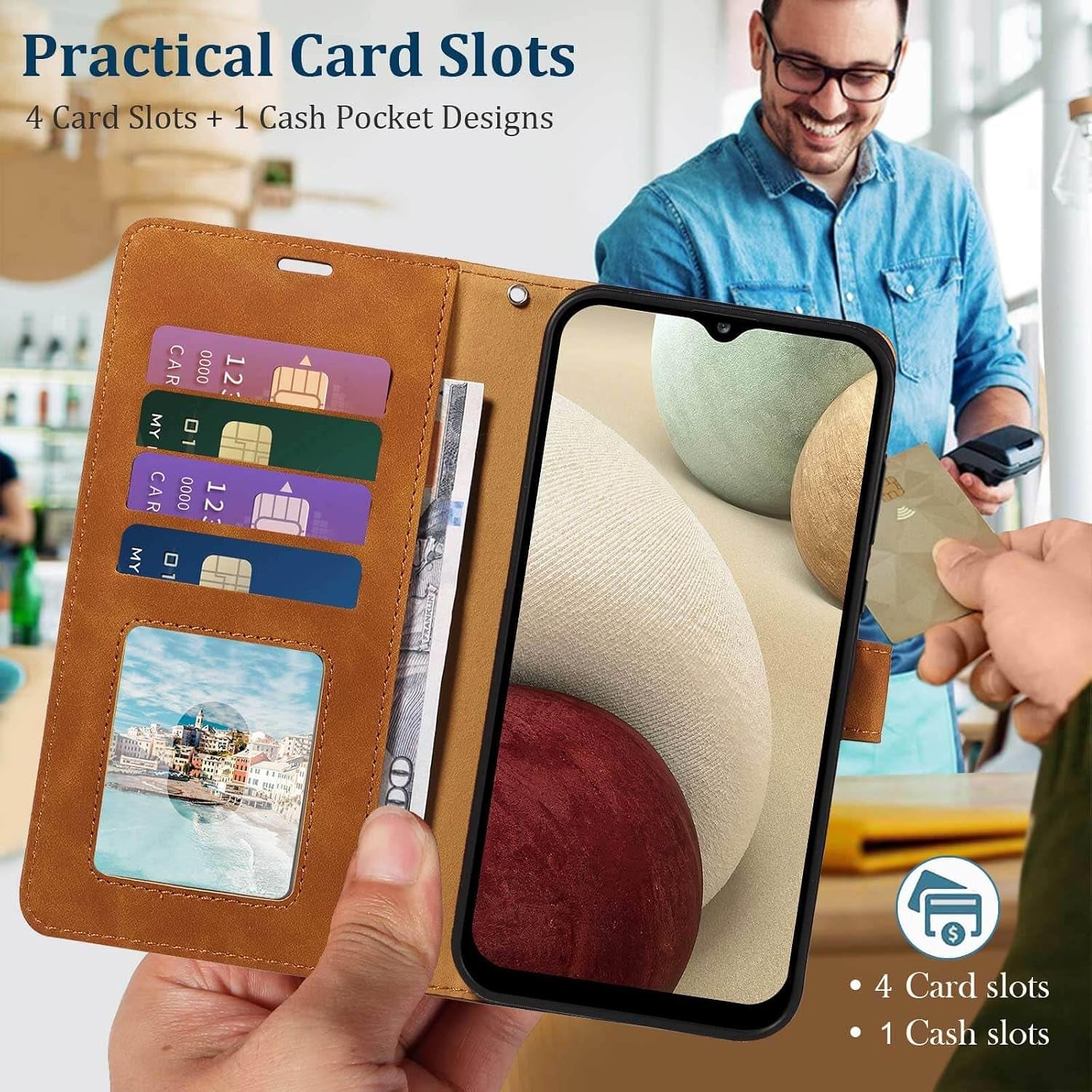 For Samsung A12 Phone Case Wallet Cover, [RFID Blocking 4 Card Slots] [Wrist Strap] [Kickstand] Magnetic Shockproof Protective Leather Flip Cases for Samsung Galaxy A12 (Brown)