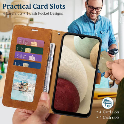 For Samsung A12 Phone Case Wallet Cover, [RFID Blocking 4 Card Slots] [Wrist Strap] [Kickstand] Magnetic Shockproof Protective Leather Flip Cases for Samsung Galaxy A12 (Brown)